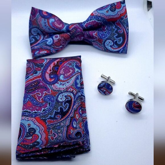 Bow Tie Pocket Square Cufflink 3pc Set Red Paisley Wedding Formal Prom Tux - Picture 11 of 11